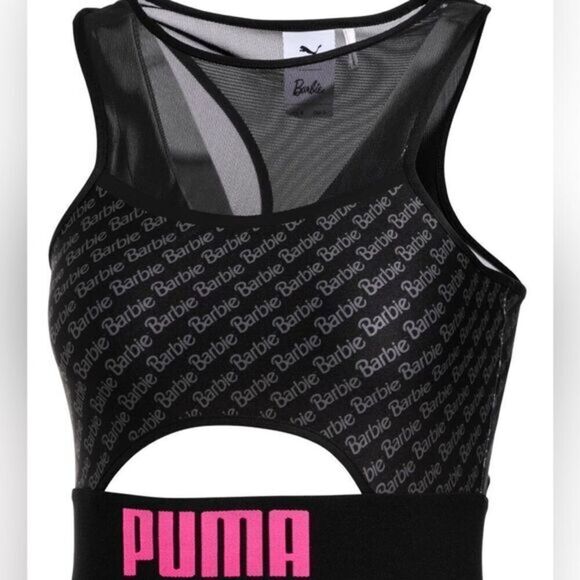 NWT PUMA x Barbie Women’s Black Pink Athletic Crop Tank Top Logo Sports Bra- Siz - Picture 1 of 7